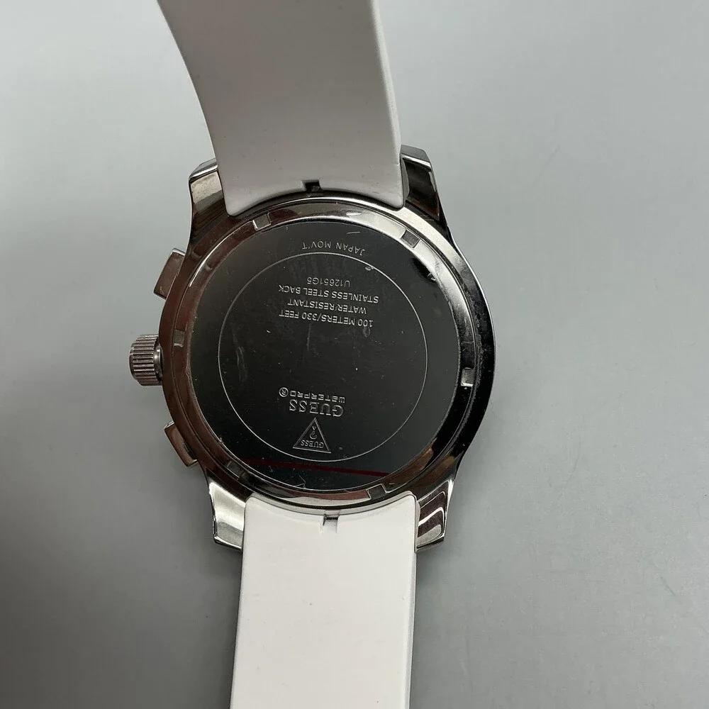 Guess Mens Watch 44mm White Green Dial White Silicone Chronograph New Battery